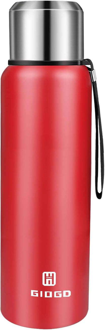 Insulated vacuum Thermo Bottle 750ml/25.4oz with cup Stainless steel coffee bottles for hot and cold drink water flask.(Red,750ml)