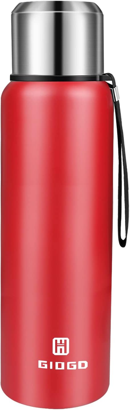 Insulated vacuum Thermo Bottle 750ml/25.4oz with cup Stainless steel coffee bottles for hot and cold drink water flask.(Red,750ml)