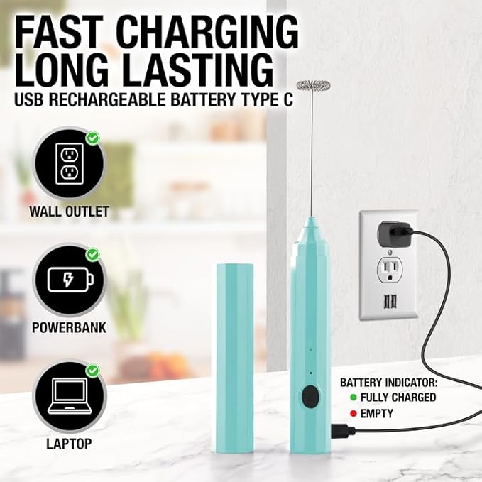 Zulay Kitchen FrothMate Powerful Milk Frother Portable & Compact Handheld Foam Maker Lattes, Cappuccinos (Aqua, Froth N Go)