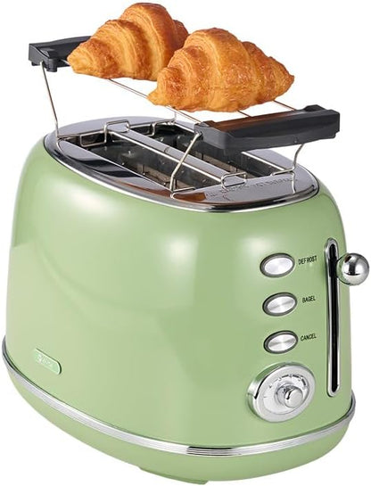 Toaster Retro 2 Slice, Vintage Green Toaster with Lid, with Bread Attachment, Preheat, Defrost And Cancel Functions, 6 Browning Levels (Green)