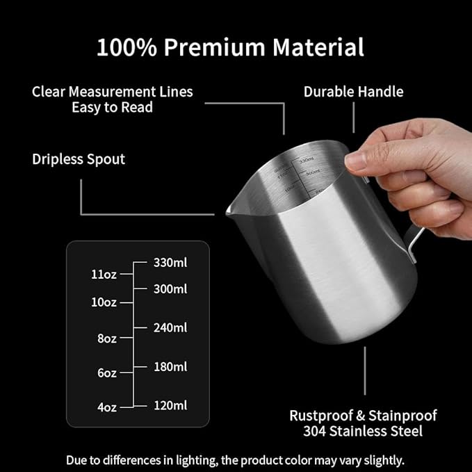 watchget Stainless Steel Milk Frothing Pitcher 12oz/350ml - Espresso Steaming Pitcher for Cappuccino, Latte Art, Coffee Machine Accessories Milk Jug Milk Frother Cup, Matt Silver