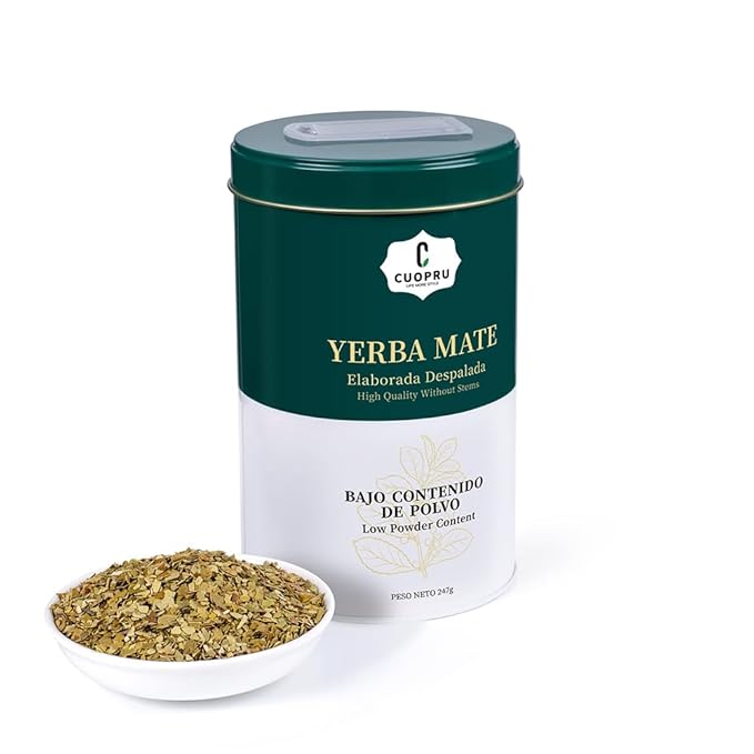 Yerba Mate, CUOPRU Traditional Argentinian Mate Tea, Low Tea Powder, Original Leaves without Stems, Included Portable Storage Container(Green Traditional)