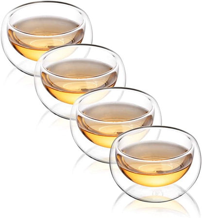 CNGLASS Tea Cups Set of 4 Double Wall Glass Tea Cup, 5.1oz Asian Insulated Clear Teacups 150ML,Small Espresso Cup for Coffee