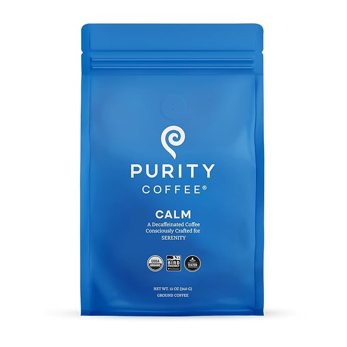 Purity Coffee CALM Decaf Ground Coffee - Natural Water Decaffeinated Coffee - USDA Organic and Third-Party Tested for Antioxidants, Mold, Mycotoxins and Pesticides - 12oz (Purity Calm, medium_roast) | Ground| CALM