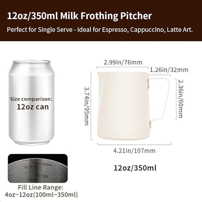 watchget Stainless Steel Milk Frothing Pitcher 12oz/350ml - Espresso Steaming Pitcher for Cappuccino, Latte Art, Coffee Machine Accessories Milk Jug Coffee Frother Cup, Creamy White