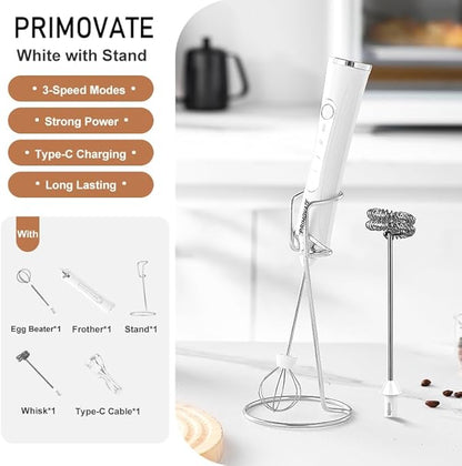 Handheld Milk Frother, Handheld Coffee Whisk, Low-Noise, USB Rechargeable, Black and White Color (Black without Stand)