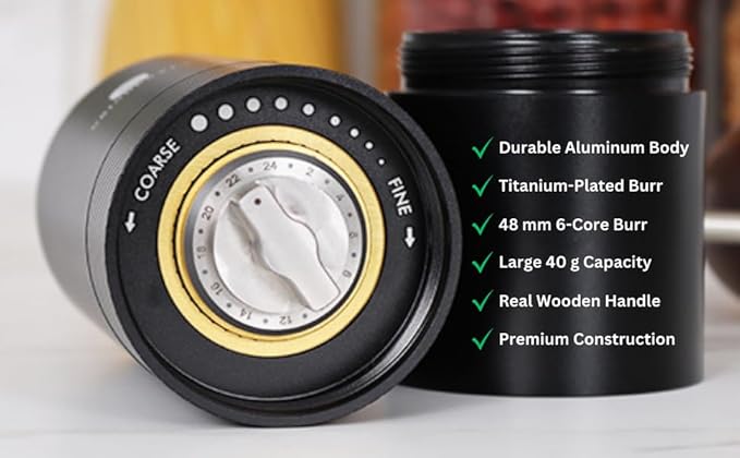 Premium Manual Coffee Grinder with Titanium-Plated Stainless Steel Burr Grinder for coffee beans, espresso, french press and moka pots by GRINDCRAFT; Large 40g capacity