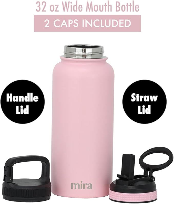 MIRA 32 oz Insulated Water Bottle - Stainless Steel Sports Flask with 2 Lids (Straw & Handle) - Cold Drink Thermo - Taffy Pink