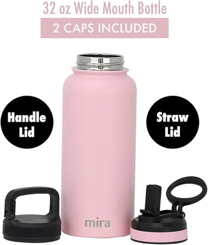 MIRA 32 oz Insulated Water Bottle - Stainless Steel Sports Flask with 2 Lids (Straw & Handle) - Cold Drink Thermo - Taffy Pink