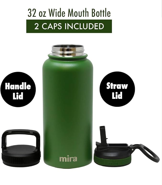 MIRA 32 oz Insulated Water Bottle - Stainless Steel Sports Flask with 2 Lids (Straw & Handle) - Cold Drink Thermo - Olive Green