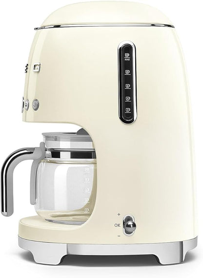 Smeg 50's Retro Style Aesthetic Drip Coffee Machine with 10 Cup Glass Carafe, Auto Start Feature, Keep Warm Plate, and Two Coffee Strength Settings (Cream)