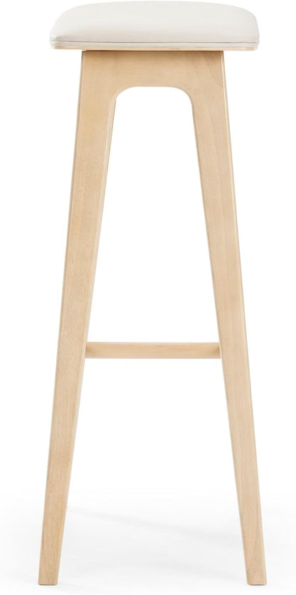 Plank+Beam Beryl Bar Height Stool - Mid-Century Modern Rubberwood Bar Stool with Faux Leather Seat, Metal Footrest, Easy Assembly, 2-Pack, Blonde/Sesame