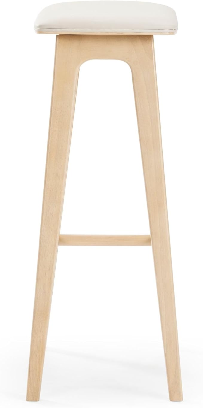 Plank+Beam Beryl Bar Height Stool - Mid-Century Modern Rubberwood Bar Stool with Faux Leather Seat, Metal Footrest, Easy Assembly, Blonde/Sesame