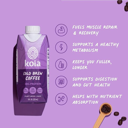 Koia Plant Based Protein Shake, Cold Brew Coffee, 20g Protein, 3g Sugar, 6g Prebiotic Fiber, 21 Vitamins & Minerals, Meal Replacement Drinks, Dairy-Free, Gluten-Free, Non-GMO, 11 Fl Oz (Pack of 12)