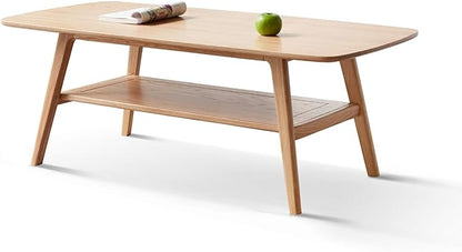 2-Tier Solid Oak Wood Coffee Table - Practical Center Table with Double Storage for Small Apartments, Living Rooms, Bedrooms, and Offices (Natural, 39.37" D x 19.69" W x 17.32" H)