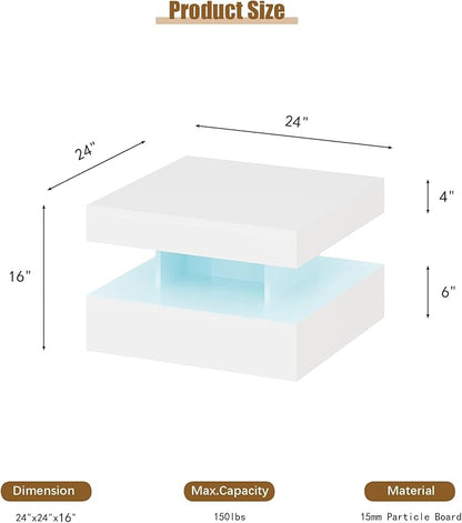 Small White Led Coffee Table for Living Room, 23.6" Wood Square 2-Tier Storage Modern Center Table, Modern High Glossy Wooden Coffee Tables for Small Space