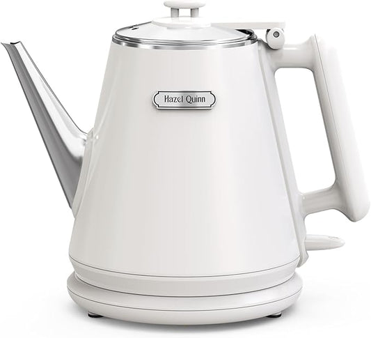 Hazel Quinn Electric Kettle - 1L/34oz Small Tea Kettle, 800W Fast Boil, All 304 Stainless Steel Interior, Double Wall for Cool Touch and Thermal, Auto Shut-Off, BPA-Free, Cordless - Pearl White