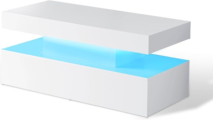 AMERLIFE High Gloss LED Coffee Table, Modern 2-Tier Center Table with LED Lights, Open Storage Space, 40in Simple Rectangular Sofa Side Table for Living Room, White