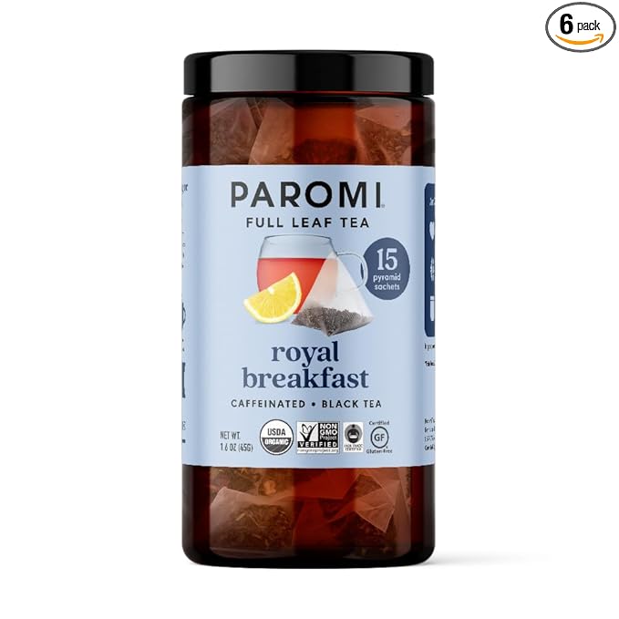 Paromi Royal Breakfast Organic Black Tea, Signature Jar, 15 Count (Pack of 6)