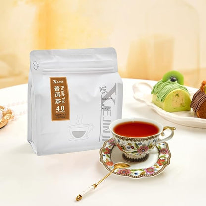 XIEJINJI Premium Puerh Tea - Eco-Conscious Black Tea Bags - Resealable Bag - Fully Fermented Tea Buds with Aged Aroma - Rich & Smooth - 40 * 3.2g