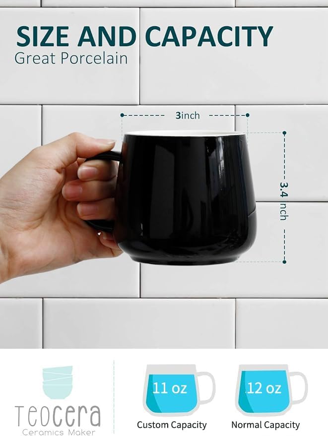 Teocera Ceramic Coffee Mug Set of 4-12 oz Coffee Mugs with Large Handles for Hot or Cold Drinks Like Latte, Cocoa, Tea or Juice - Smooth Ceramic, Dishwasher Safe，Black