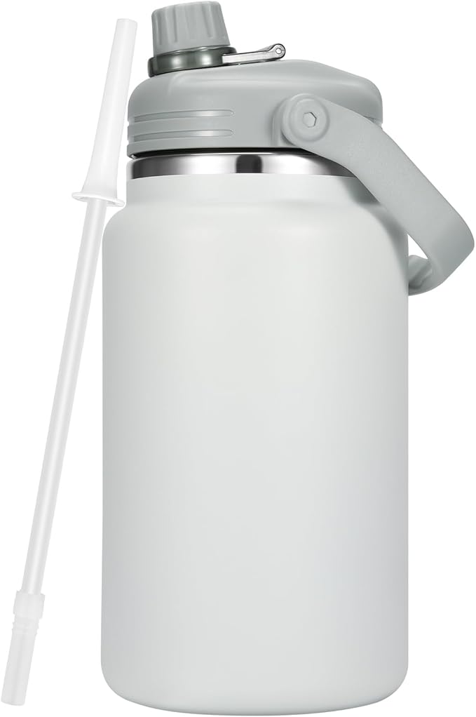1 Gallon Thermosflask with Straw, 135oz Stainless Steel Insulated Water Bottle，4L Oversized Double Wall Vacuum Jug with Handle for Hot Cold Drinks, Wide mouth Icebuckets for Hiking Sports(White)