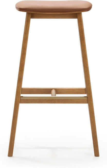 Plank+Beam Beryl Bar Height Stool - Mid-Century Modern Rubberwood Bar Stool with Faux Leather Seat, Metal Footrest, Easy Assembly, Pecan/Toffee