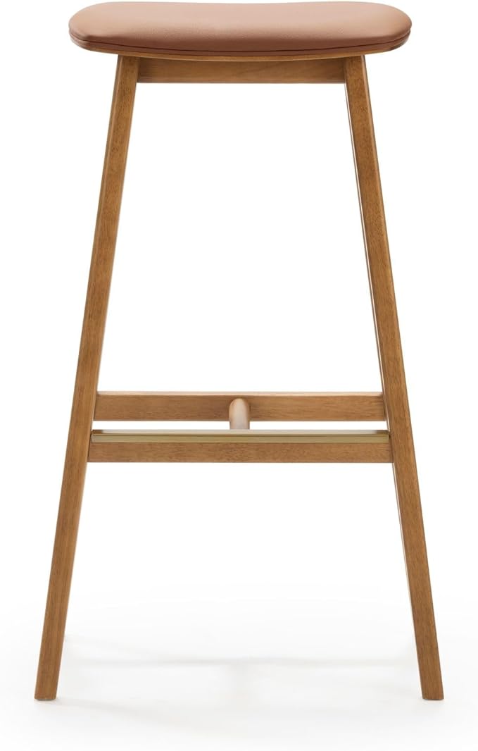 Plank+Beam Beryl Bar Height Stool - Mid-Century Modern Rubberwood Bar Stool with Faux Leather Seat, Metal Footrest, Easy Assembly, 2-Pack, Pecan/Toffee