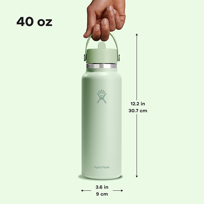 Hydro Flask Water Bottle - Insulated Stainless Steel - Wide Mouth Flex Straw Lid, Non Spill, Leakproof and Refillable in 40 Oz Aloe Green