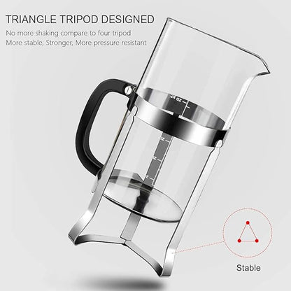 QUQIYSO French Press Coffee Maker 34oz 304 Stainless Steel French Press with 4 Filter, Heat Resistant Durable, Easy to Clean, Borosilicate Glass Coffee Press, 100% BPA Free Glass Teapot, Silver