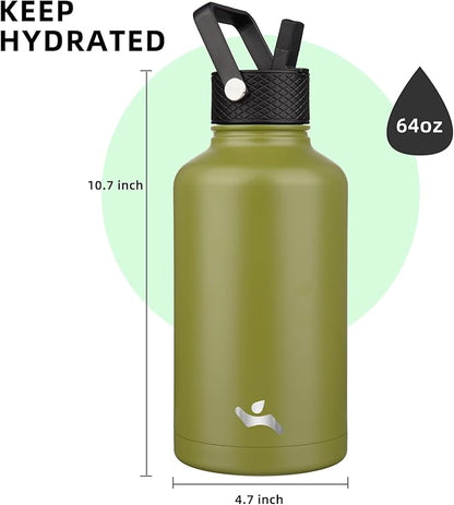 Half Gallon Insulated Water Bottle with Straw,64 oz 3 Lids Water Jug with Carrying Bag,Paracord Handle,Double Wall Vacuum Stainless Steel Metal Flask,Forest Green