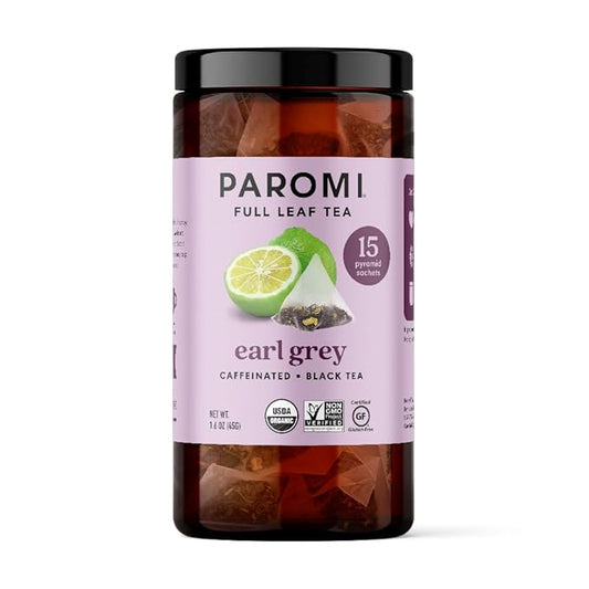 Paromi Earl Grey Organic Black Tea, Signature Jar, 15 Count