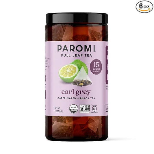 Paromi Earl Grey Organic Black Tea, Signature Jar, 15 Count (Pack of 6)