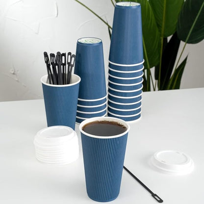 Restaurantware 16 Ounce Ripple Wall Disposable Coffee Cups, 500 Insulated Midnight Blue Paper Tumblers with Rolled Rim Design, Lids Sold Separately for Hot Drinks like Tea, Hot Chocolate and More
