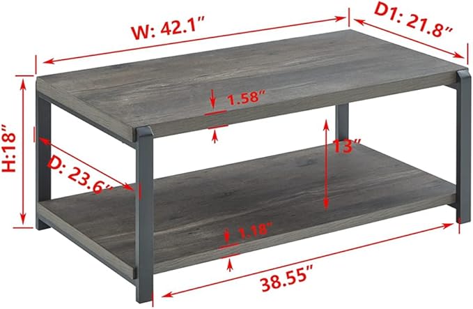 EXCEFUR Coffee Table with Storage Shelf, Rustic Wood and Metal Cocktail Table for Living Room, Grey