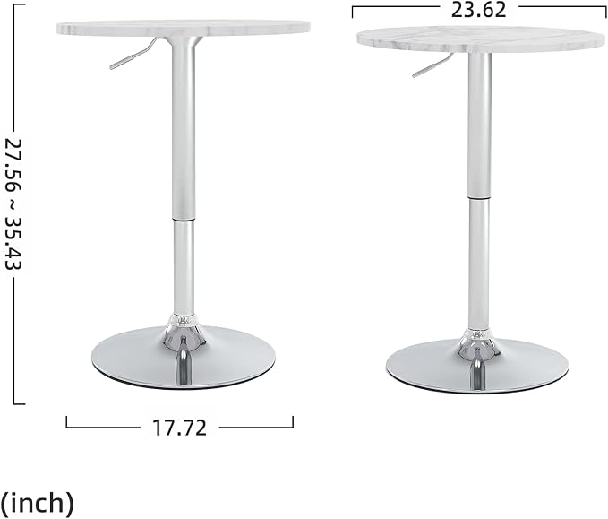 23.6" Round Bar Table, Adjustable Height Bar Table, Modern Cocktail Bar Table with MDF Top and Metal Base, Bistro Pub Table Suitable for Café, Kitchen Island, Bar Counter, White