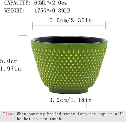 Japanese Cast Iron Tea Cups, Small and Heavy Teacups with no Handles, Japanese Style Cup for Adults, Asian Teacups, Coated with Enameled Interior, 4 Pcs/Box (Green, 2oz/60ml)