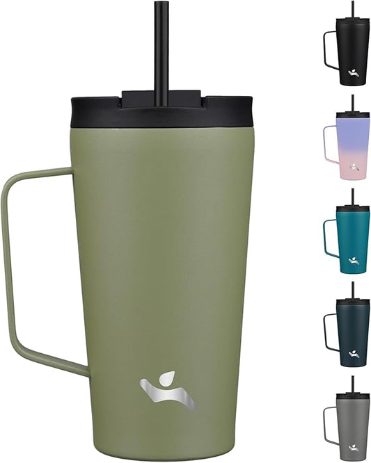 Insulated Tumbler with Handle and Straw, 18 OZ Travel Coffee Mug Stainless Steel Cup Metal Water Bottle,Camp Green