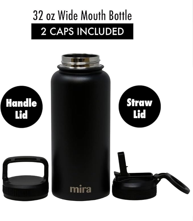 MIRA 32 oz Insulated Water Bottle - Stainless Steel Sports Flask with 2 Lids (Straw & Handle) - Cold Drink Thermo - Black