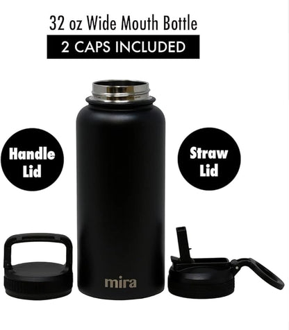 MIRA 32 oz Insulated Water Bottle - Stainless Steel Sports Flask with 2 Lids (Straw & Handle) - Cold Drink Thermo - Black
