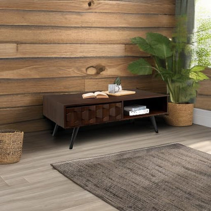 Bme Georgina Solid Wood Coffee Tables for Living Room, Coffee Table Mid Century Modern with 2 Symmetrical Storage Drawers & Geometric Details, Fully Assembled Center Table, Walnut