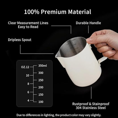 watchget Stainless Steel Milk Frothing Pitcher 12oz/350ml - Espresso Steaming Pitcher for Cappuccino, Latte Art, Coffee Machine Accessories Milk Jug Coffee Frother Cup, Creamy White