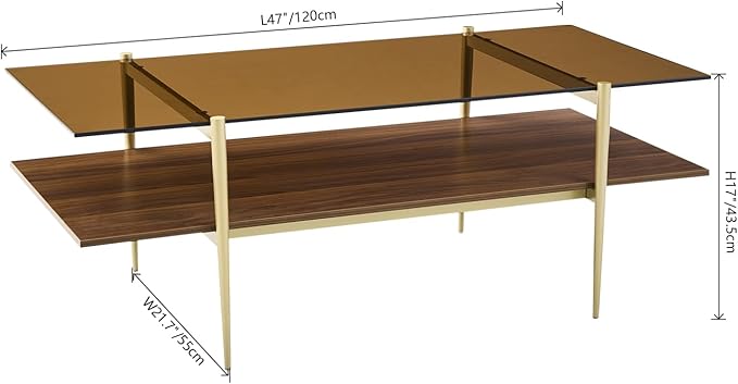AGV LIGHTING Tadio Large Glass Coffee Table, Mid-Century Modern Coffee Table for Living Room, Gold Finish Leg, Coffee Brown Glass Top & Walnut Brown Shelf, 47 in