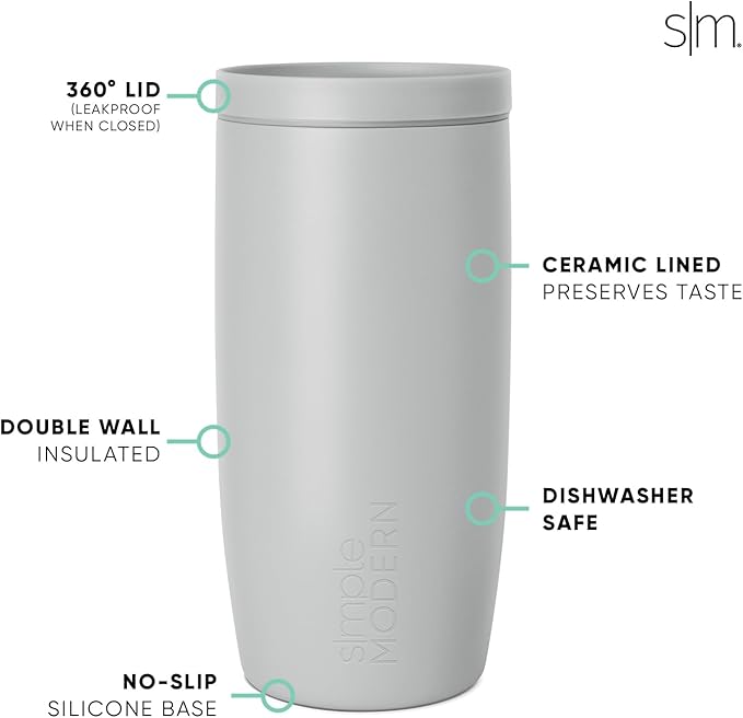 Simple Modern Travel Coffee Mug Tumbler with 360° Lid | Ceramic-Lined Insulated Stainless Steel Cold Brew Iced Coffee Cup Thermos | Gifts for Women Men Her Him | Voyager Signature | 16oz | Ice Gray