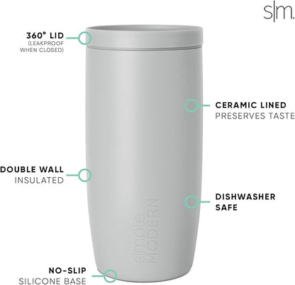 Simple Modern Travel Coffee Mug Tumbler with 360° Lid | Ceramic-Lined Insulated Stainless Steel Cold Brew Iced Coffee Cup Thermos | Gifts for Women Men Her Him | Voyager Signature | 16oz | Ice Gray