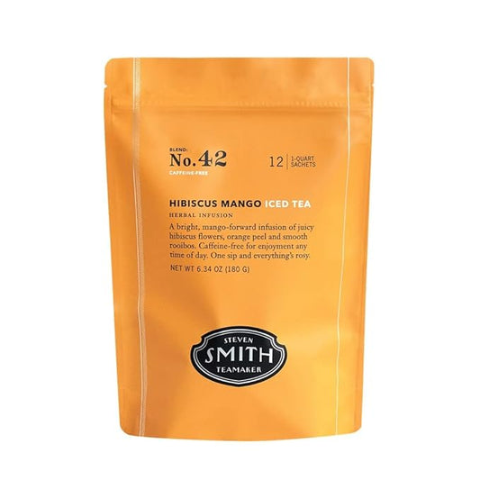 Steven Smith Teamaker Hibiscus Mango Iced Tea No. 42, Refreshing, Caffeine-Free, Sustainably Grown, Full Leaf Herbal Iced Tea, 10 Count, 1 Quart Sachets