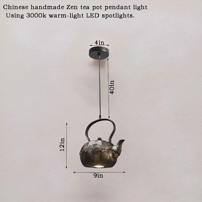 Chinese Retro Tea Kettle Pendant Light Handmade Craft Ceiling Mount 9 Inch for Dining Room Bar Bedroom 3000k