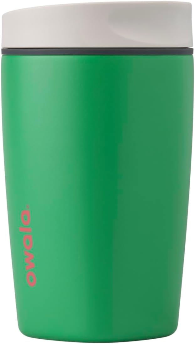 Owala SmoothSip Slider Insulated Stainless Steel Coffee Tumbler, Reusable Iced Coffee Cup, Hot Coffee Travel Mug, BPA Free 12 oz, Grey/Green (Sour Apple)