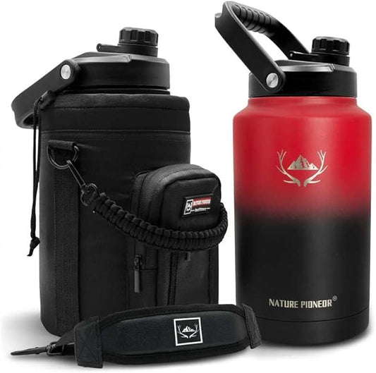 NATURE PIONEOR One Gallon Water Bottle Insulated - Large Double Vacuum Stainless Steel 128 oz Water Bottle with Holder/Carrier, 1 Gallon Water Jug,128oz, Wide Mouth