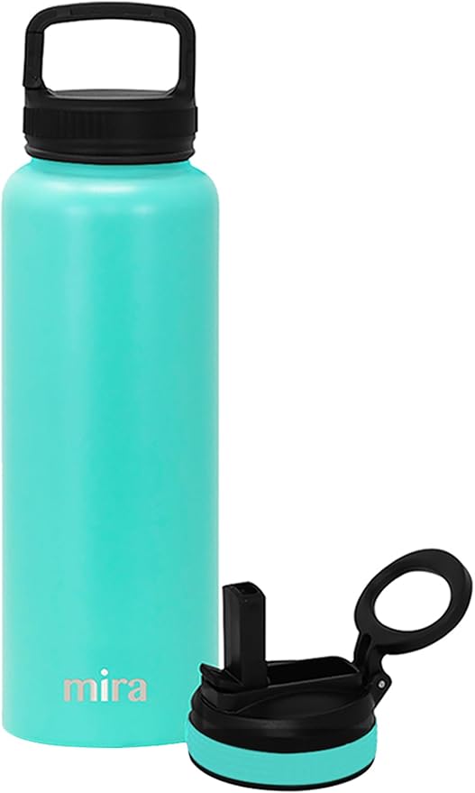 MIRA 40 oz Insulated Water Bottle - Stainless Steel Sports Flask with 2 Lids (Straw & Handle) - Cold Drink Thermo - Teal